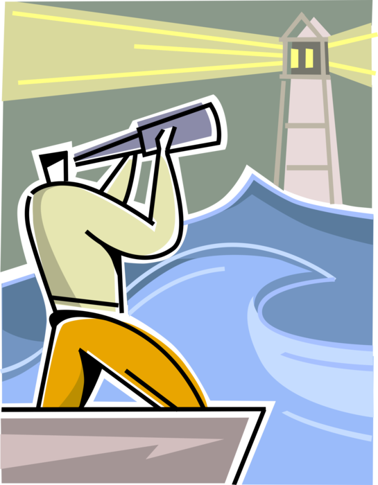 Vector Illustration of Businessman Navigates Dangerous Waters with Spyglass Telescope Sighting Lighthouse Beacon Light from Boat