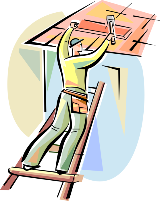Vector Illustration of Construction Roofer on Ladder Replaces Roof Shingles with Hammer and Roofing Nails