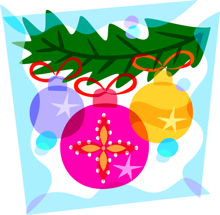 Vector Illustration of Festive Season Christmas Ornament Decorations Hanging on Conifer Evergreen Tree Bough Branch
