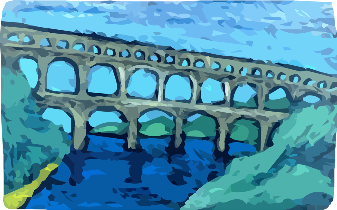 Vector Illustration of Pont du Gard Ancient Roman Aqueduct Over Gardon River in France