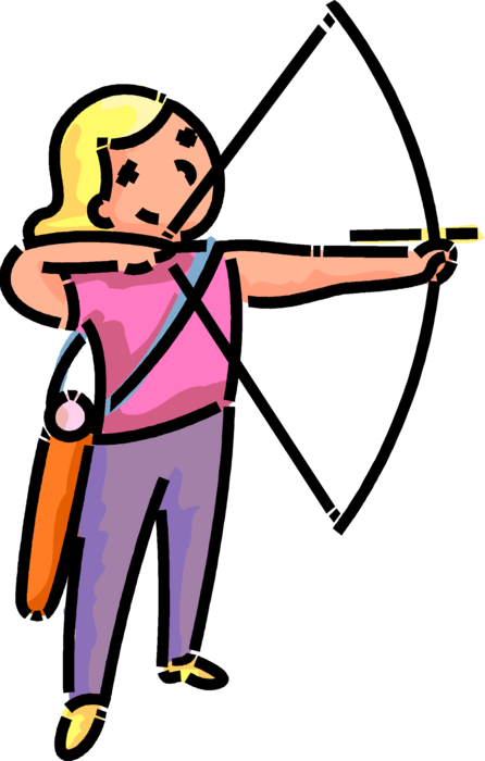 Vector Illustration of Primary or Elementary School Student Girl Archer Shoots Archery Bow and Arrow