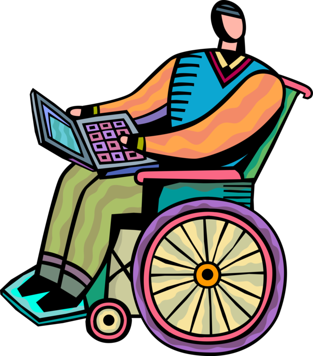 Vector Illustration of Handicapped or Disabled Man in Wheelchair Works on Notebook Computer