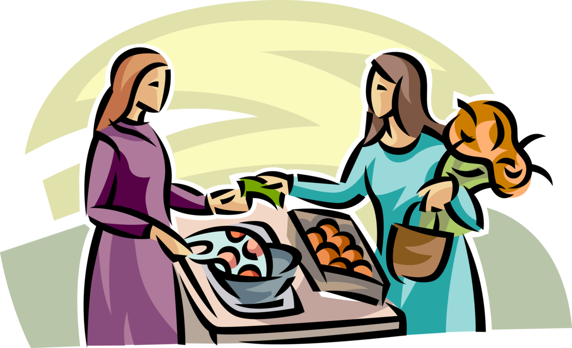 Vector Illustration of Customer Buys Produce Fruit from Outdoor Market Vendor