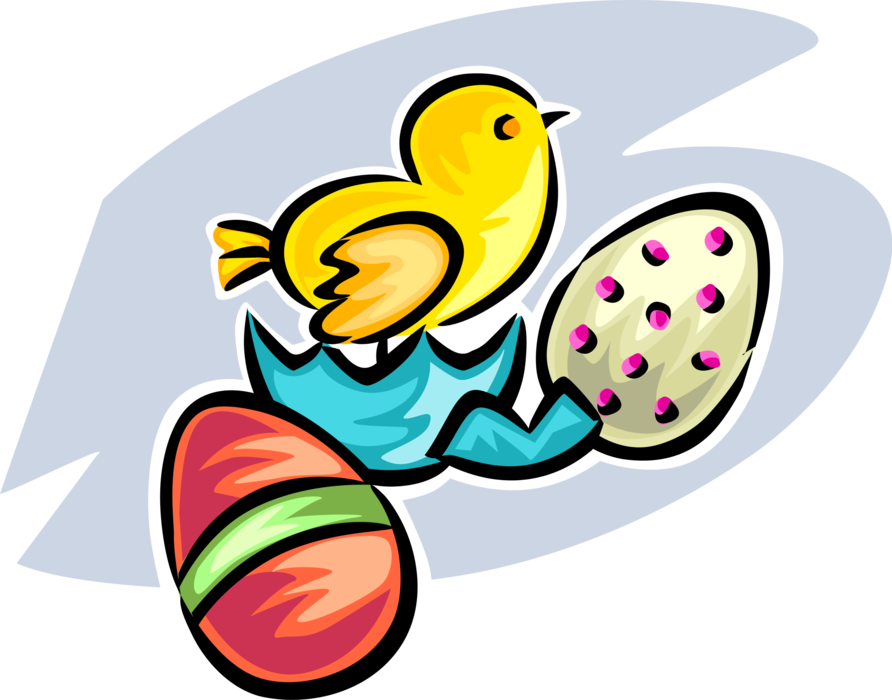 Vector Illustration of Colored Easter Eggs and Baby Yellow Chick Hatching from Eggshell