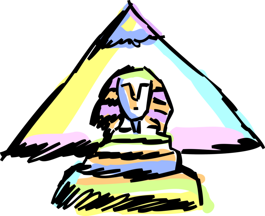 Vector Illustration of Ancient Egyptian Great Sphinx of Giza, with Pyramid of Khufu, Cairo, Egypt