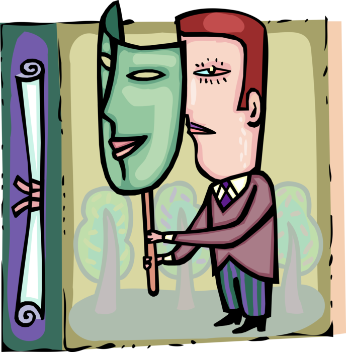 Vector Illustration of Two-Faced Hypocritical or Double-Dealing Deceitful Businessman Hides Behind Mask