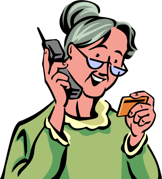 Vector Illustration of Retired Elderly Senior Citizen Provides Credit Card Details Over Phone for Goods and Services Purchased