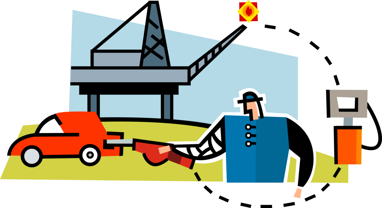Vector Illustration of Fossil Fuel Energy Industry Drills Petroleum from Oil Rig, Refines and Delvers to Gas Pump for Cars