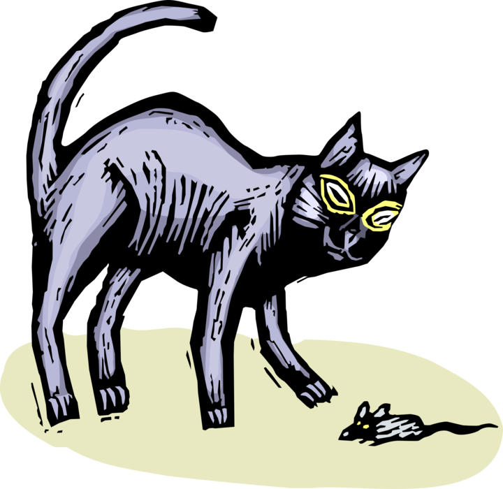 Vector Illustration of Black Cat with Yellow Eyes Plays with Rodent Mouse