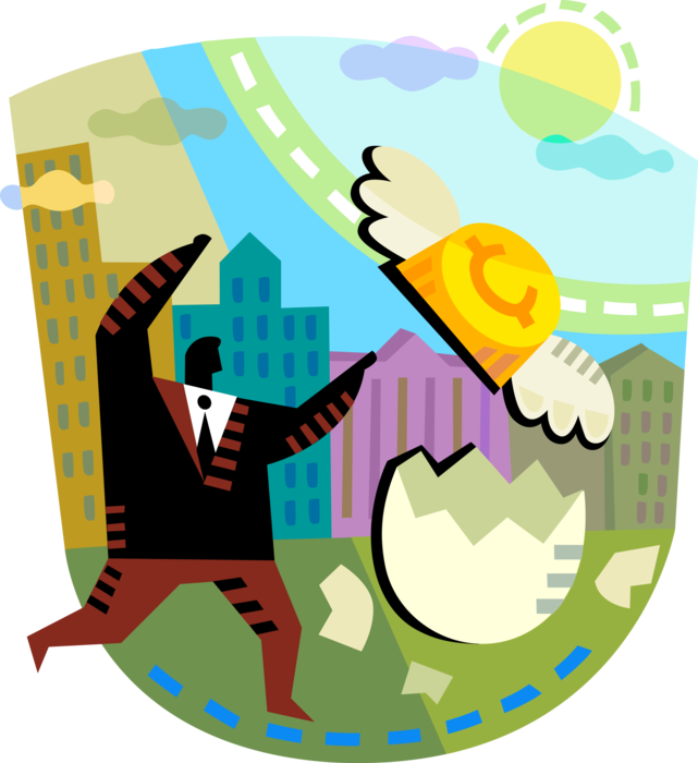 Vector Illustration of Businessman Hatches Plan to Maximize Financial Cash Money Investment Portfolio with Winged Coin Flying 