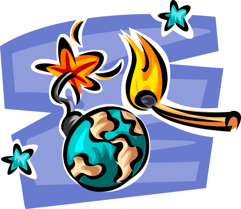 Vector Illustration of Planet Earth Globe as Time Bomb About to Explode with Fuse and Match Flame