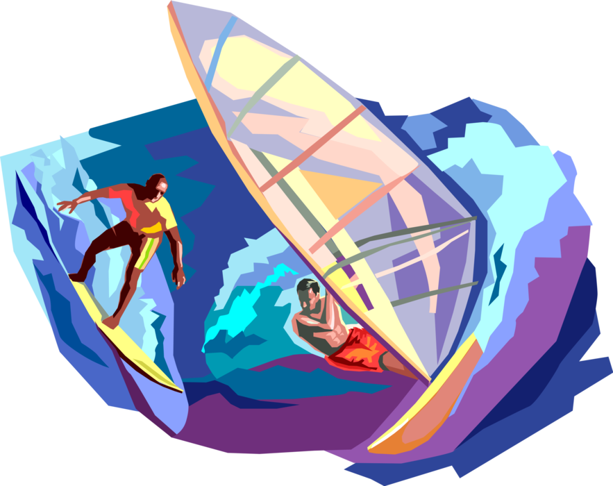 Vector Illustration of Windsurfer Windsurfing Waves on Sailboard with Surfer Surfing Large Ocean Waves on Surfboard