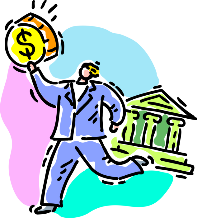 Vector Illustration of Banking Services Customer Client Withdraws Cash Money Dollars from Bank