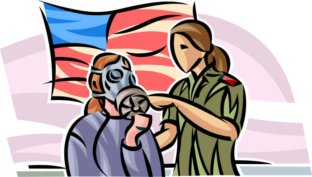 Vector Illustration of United States Military Security Personnel Demonstrate Proper Use of Gas Mask