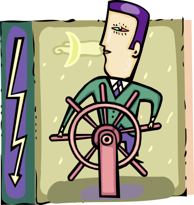 Vector Illustration of Mariner Sea Captain Businessman Steers Ship's Helm Wheel or Boat's Wheel to Change Vessel's Course