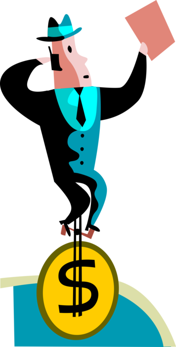 Vector Illustration of Businessman with Mobile Phone Rides Financial Cash Money Dollar Unicycle Vehicle