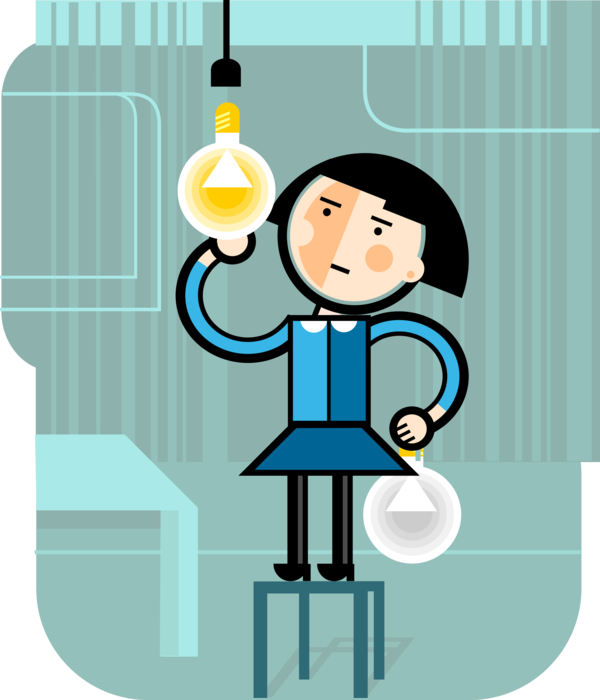 Vector Illustration of Businesswoman Changes Electric Light Bulb Standing on Stool