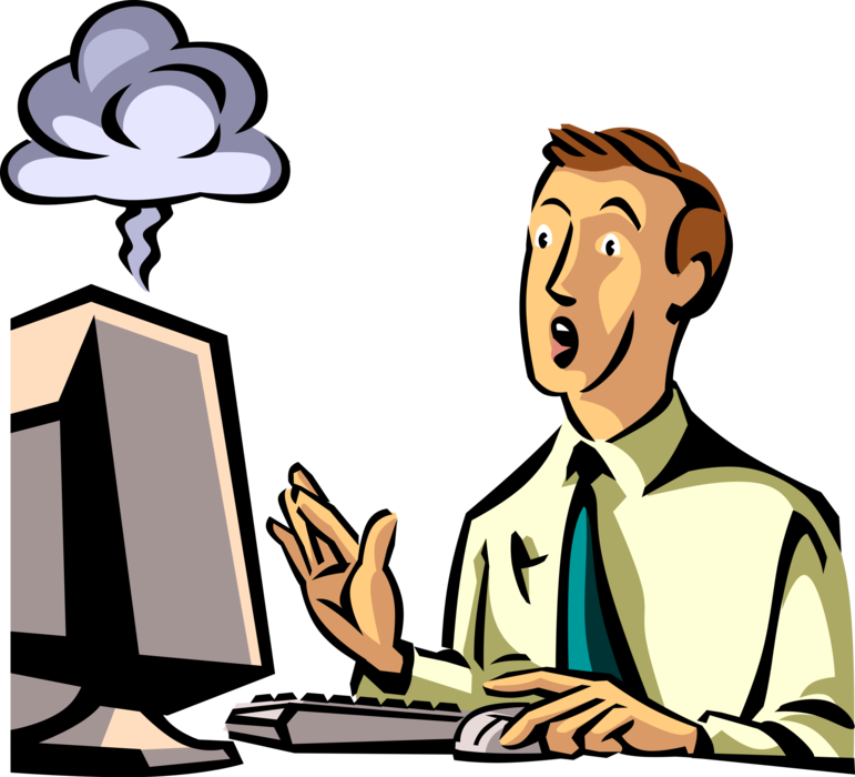 Vector Illustration of Exacerbated Businessman's Computer Breakdown Crashes and Burns with Smoke Plume Rising
