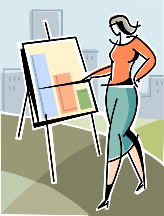 Vector Illustration of Businesswoman Delivers Corporate Sales and Marketing Presentation in Boardroom with Flip Chart on Easel