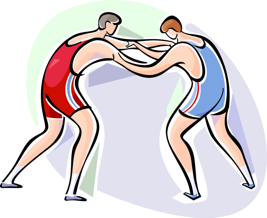 Vector Illustration of Wrestlers Wrestle During Competitive Wrestling Match