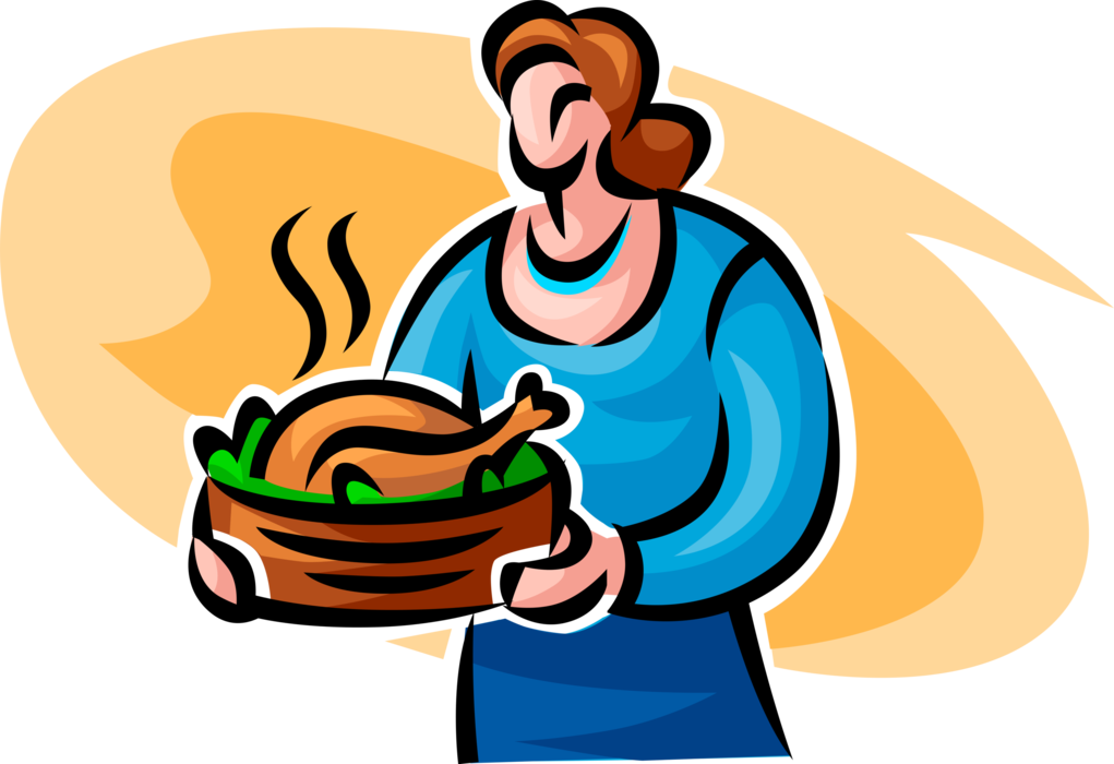 Vector Illustration of Mother Serves Roast Turkey or Chicken Poultry Dinner Meal