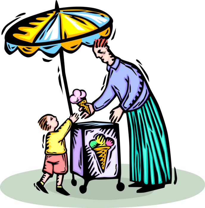 Vector Illustration of Gelato Ice Cream Vendor Sells Sweetened Frozen Food Snack or Dessert to Child