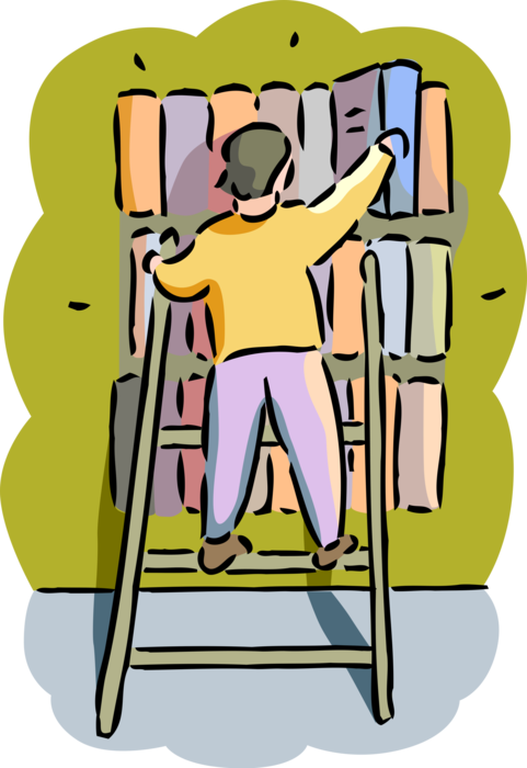 Vector Illustration of Student uses Step Ladder to Select Book in School Public Library
