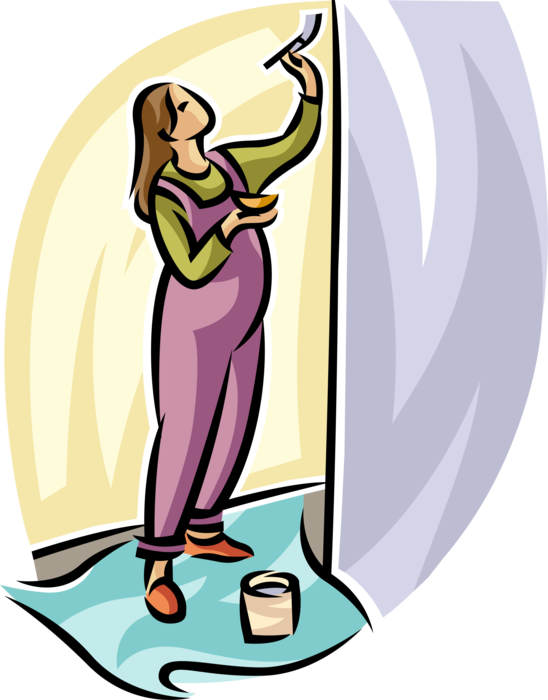 Vector Illustration of Pregnant Expectant Mother Painting Nursery with Paintbrush in Home Renovation and Decoration