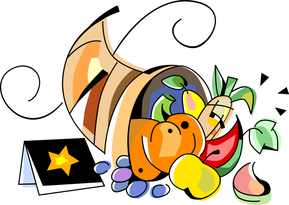 Vector Illustration of Hebrew Jewish Sukkot or Succot Harvest Feast with Cornucopia Horn of Plenty Fruits and Vegetables