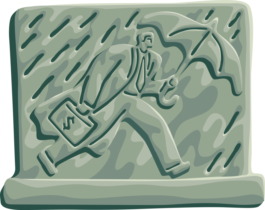 Vector Illustration of Intrepid Businessman Stays the Financial Course with Umbrella in Driving Rain Rainstorm