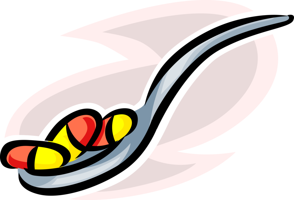 Vector Illustration of Spoon with Prescription Medicine Capsule Medication Pills