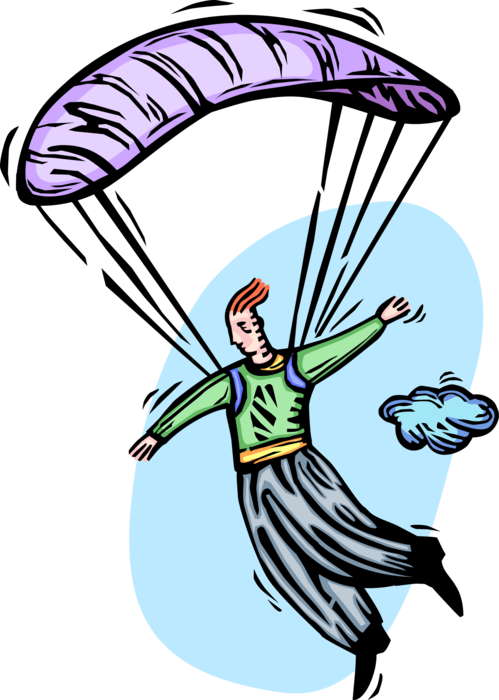 Vector Illustration of Parachutist Floats to Earth in Parachute After Skydiving from Airplane