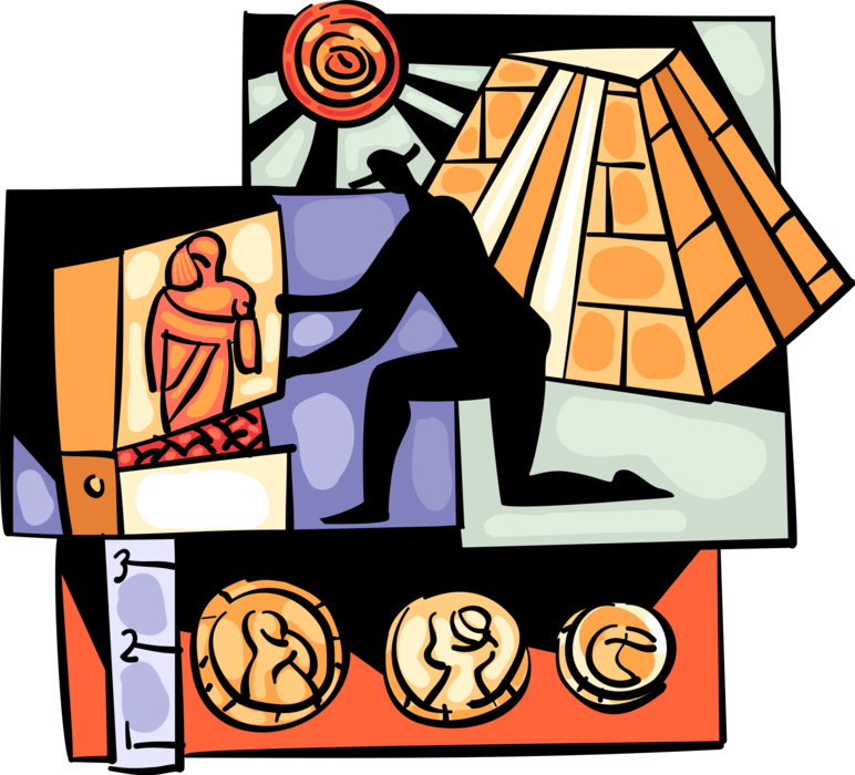 Vector Illustration of Archeologist Archaeologist Studies Human Prehistory with Pyramids, Coins and Painting Artifacts