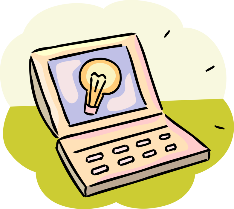 Vector Illustration of Personal Computer with Electric Light Bulb Symbol of Invention, Innovation, and Good Ideas