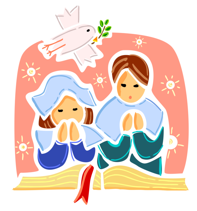 Vector Illustration of Religious Parishioner Worshipers Pray in Church Service with Dove of Peace Bird