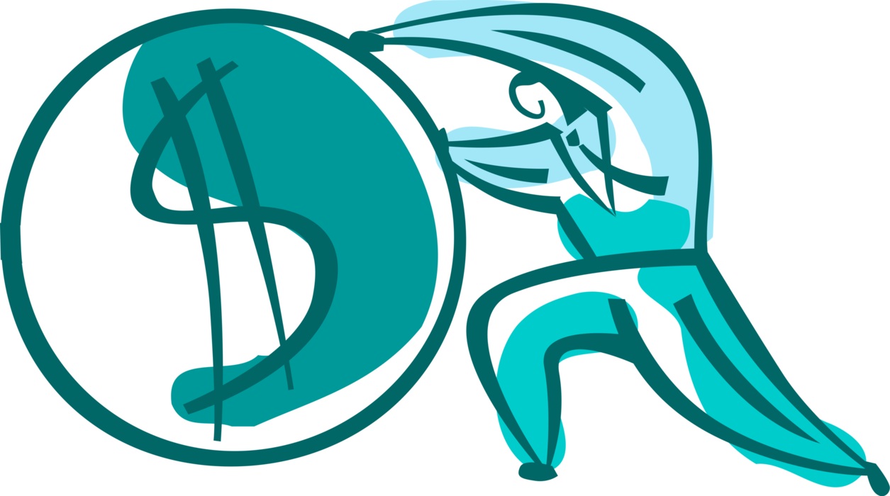 Vector Illustration of Businessman Pushes Large Cash Money Dollar Coin Symbol