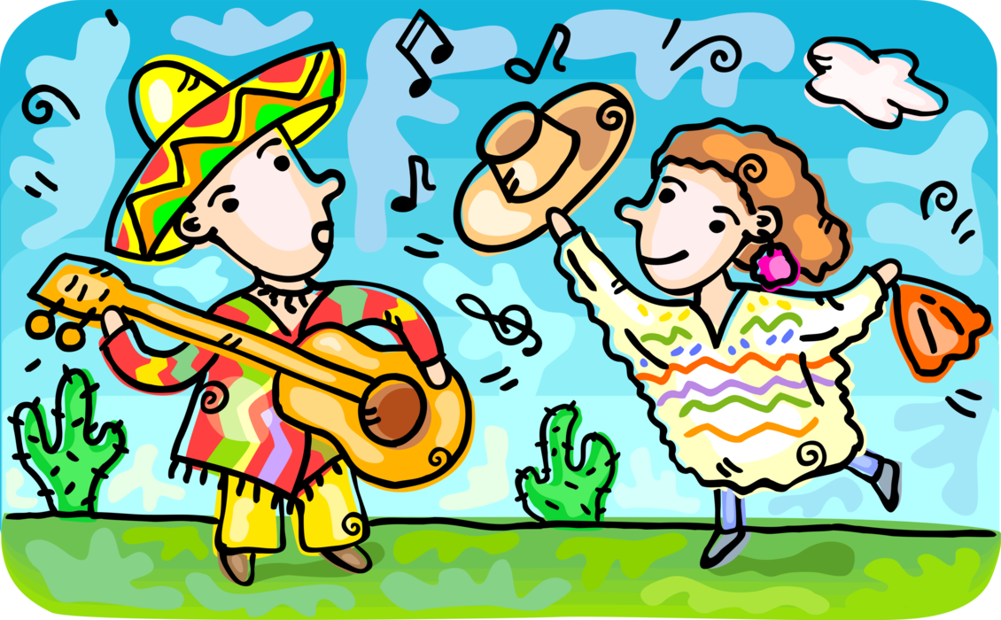 Vector Illustration of Mexican Spanish Mariachi Musician Sings and Plays Guitar Musical Instrument with Dancer Dancing