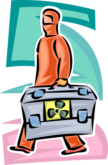 Vector Illustration of Laboratory Scientist Technician Carries Radioactive Nuclear Material in Case