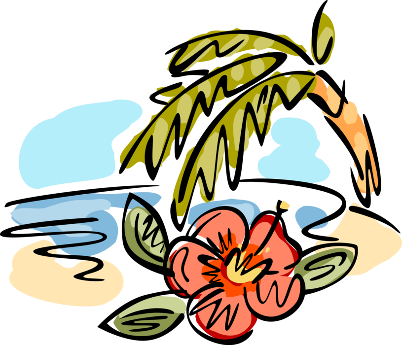 Vector Illustration of Tropical Beach Seashore with Palm Tree and Fragrant Flower Blossom