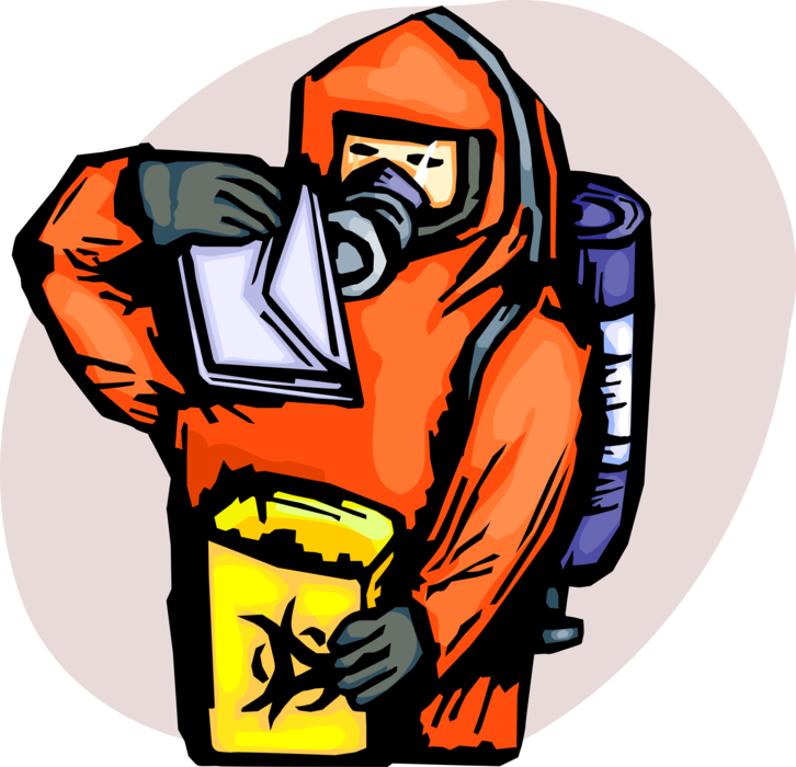 Vector Illustration of Homeland Security Personnel in Biohazard Chemical Weapons Suit Checks Mail for Anthrax