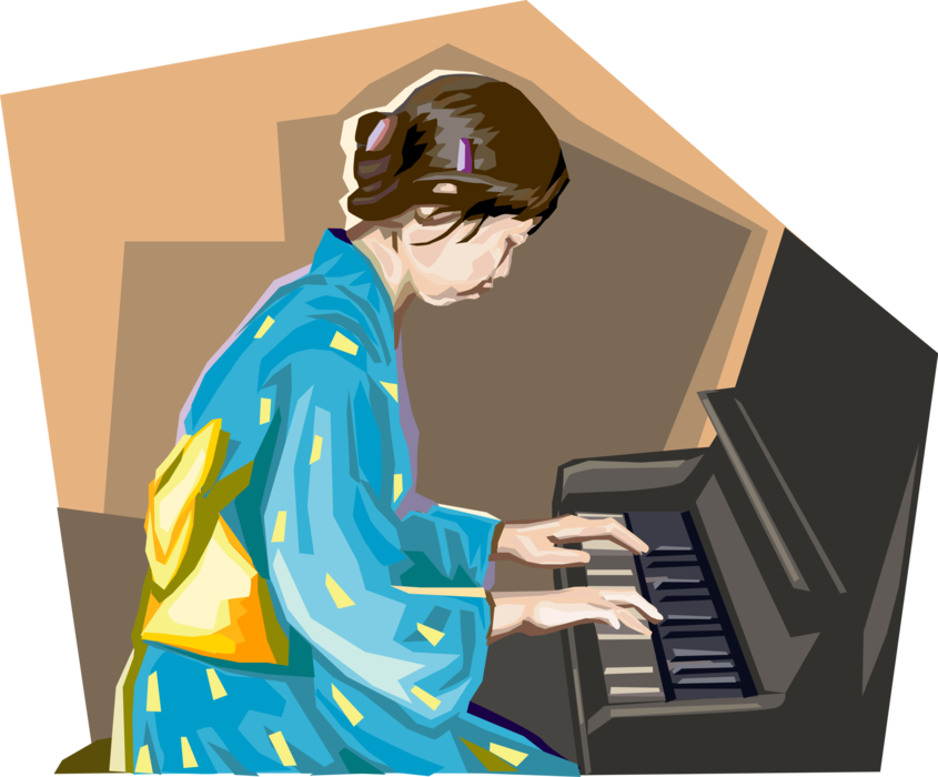 Vector Illustration of Asian Child Musician Plays Piano Keyboard Musical Instrument
