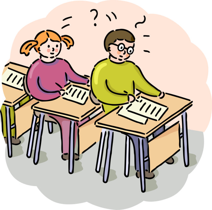 Vector Illustration of Students Work on Assignments at School Desks in Classroom