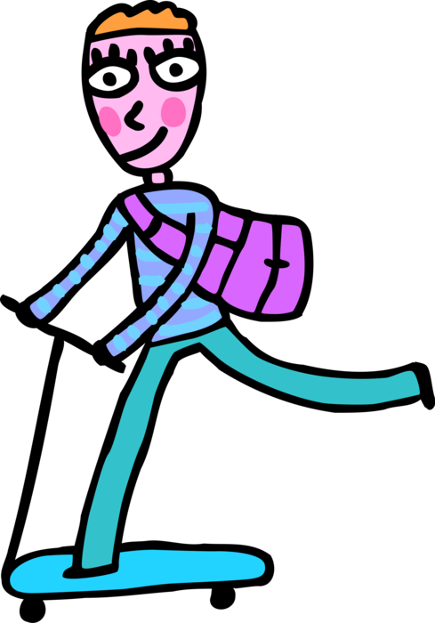 Vector Illustration of Boy Rides Foot-Powered Scooter to School with Knapsack Backpack