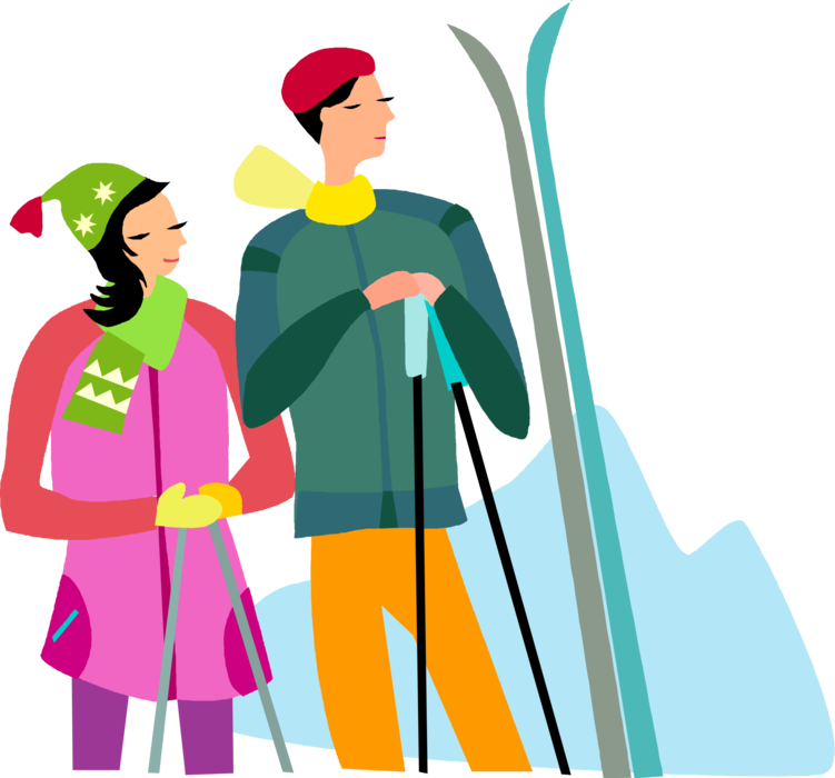 Vector Illustration of Downhill Alpine Skiers Take Break from Skiing at Winter Ski Resort in Mountains