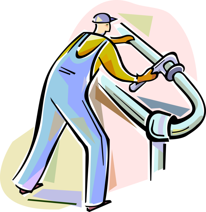 Vector Illustration of Tradesman Plumber Tightens Pipe Bolt with Wrench Tool