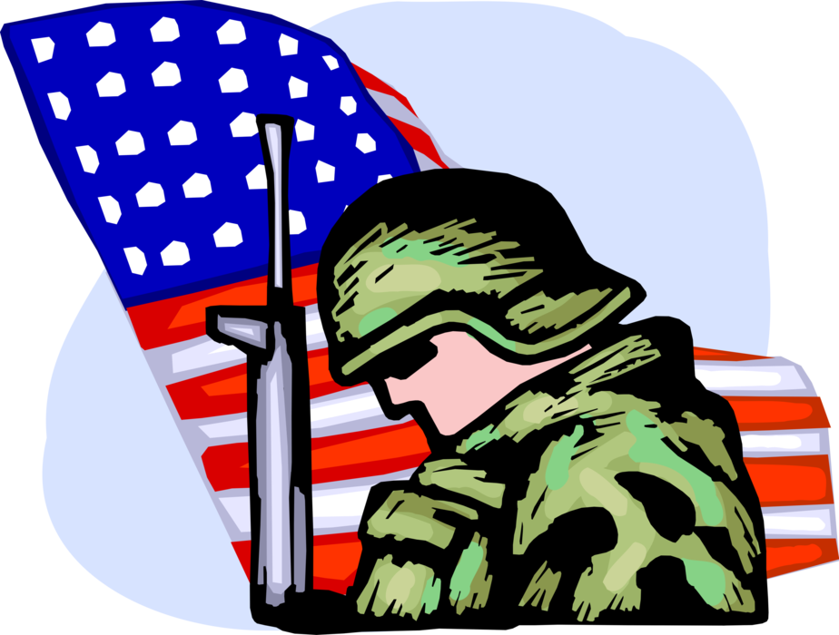 Vector Illustration of Armed United States Military Soldier with Gun Pays Tribute in Moment of Silence with American Flag