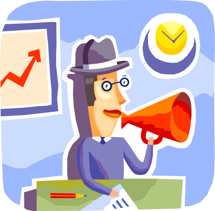 Vector Illustration of Businessman Makes Important Announcement with Megaphone or Bullhorn to Amplify Voice