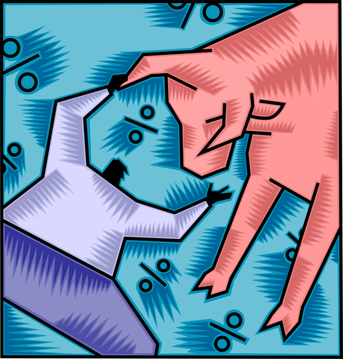 Vector Illustration of Short Seller Wall Street Stock Market Investor Wrestles Rising Stock Market Bull Encouraging Buying