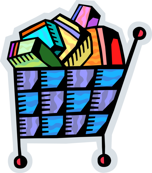 Vector Illustration of Supermarket Grocery Store Shopping Cart with Product Boxes