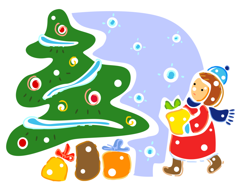 Vector Illustration of Evergreen Christmas Tree with Young Girl and Gift Wrapped Presents